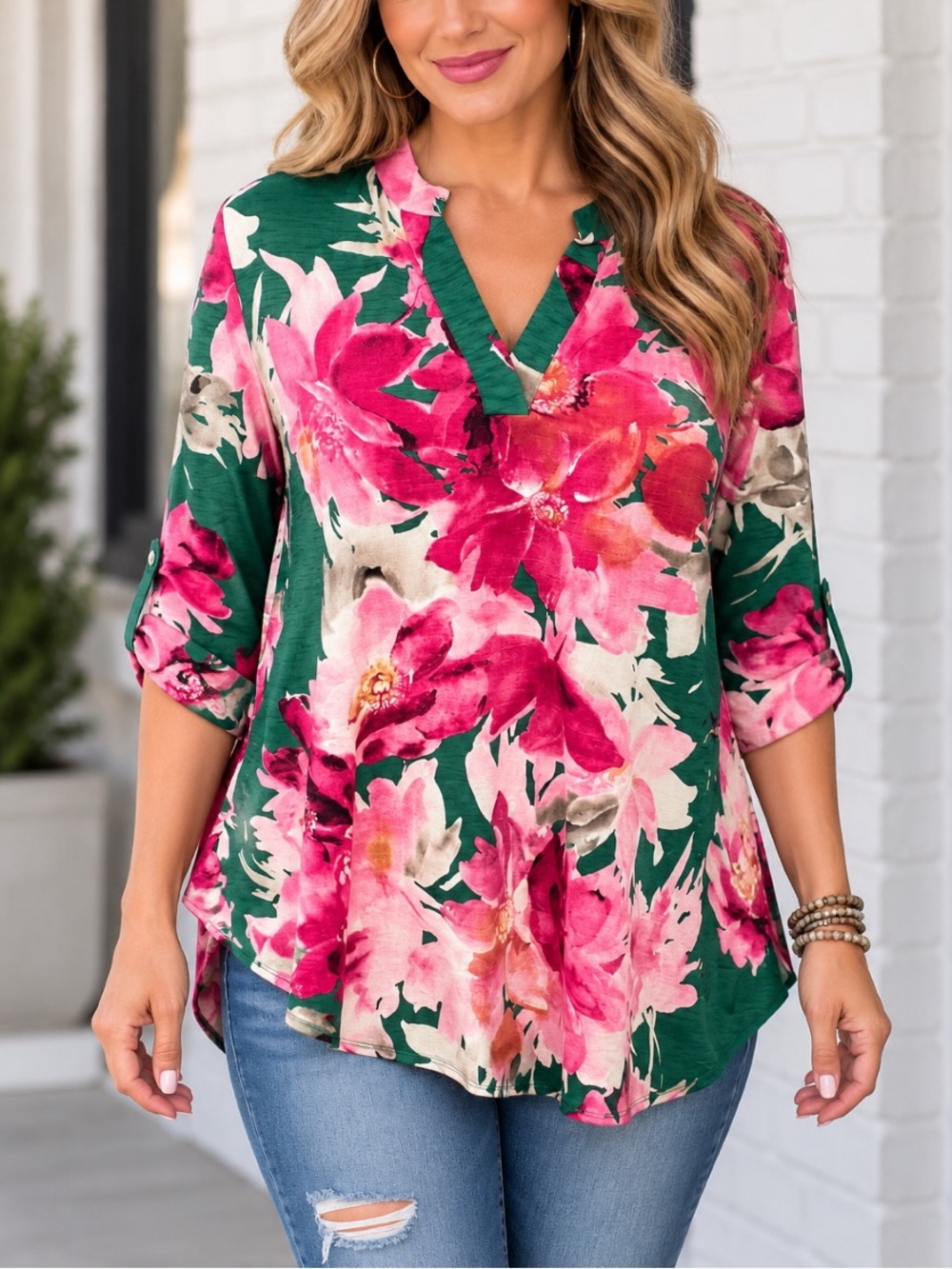 Honeyme Green & Fuchsia Floral Mandarin Collar Gabby Tunic- size XL